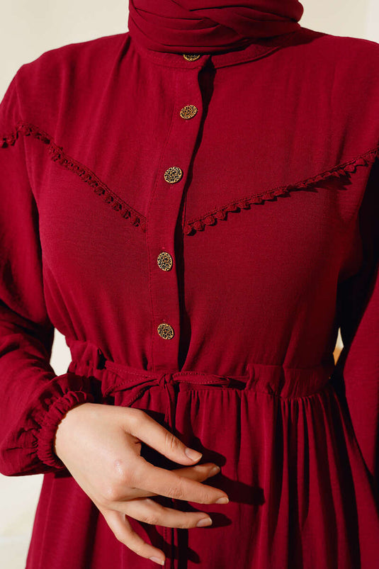 Half-Buttoned Layered Dress in Burgundy