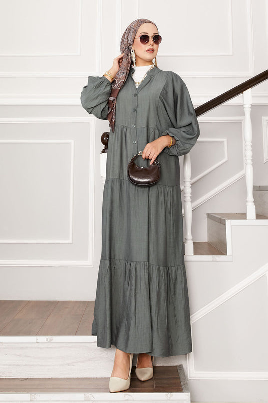 فستان كاكي بطبقات وأزرار أمامية نصفية