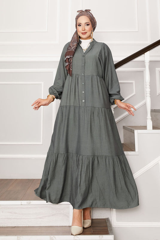 فستان كاكي بطبقات وأزرار أمامية نصفية