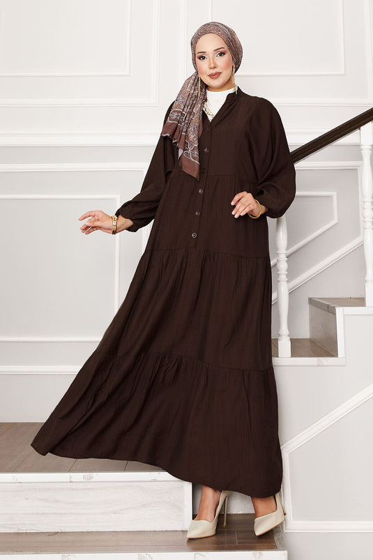 فستان بطبقات نصف أزرار بني