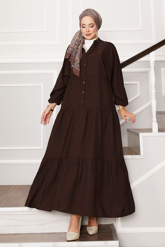 فستان بطبقات نصف أزرار بني