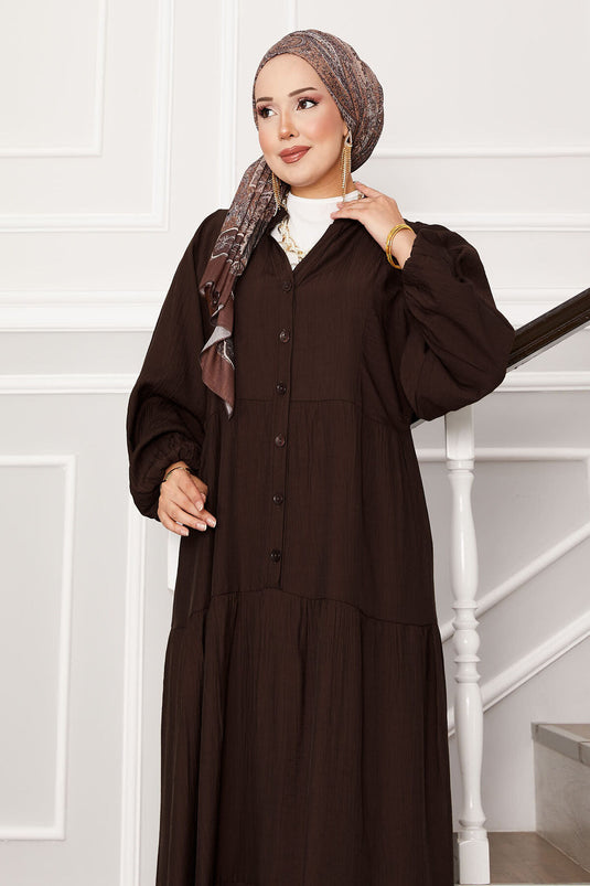 فستان بطبقات نصف أزرار بني