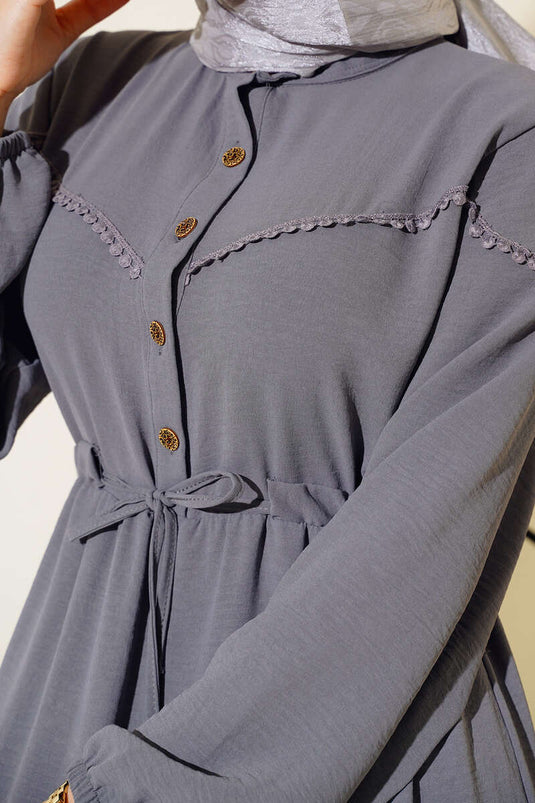 Half Button Front Layered Dress Slate Grey