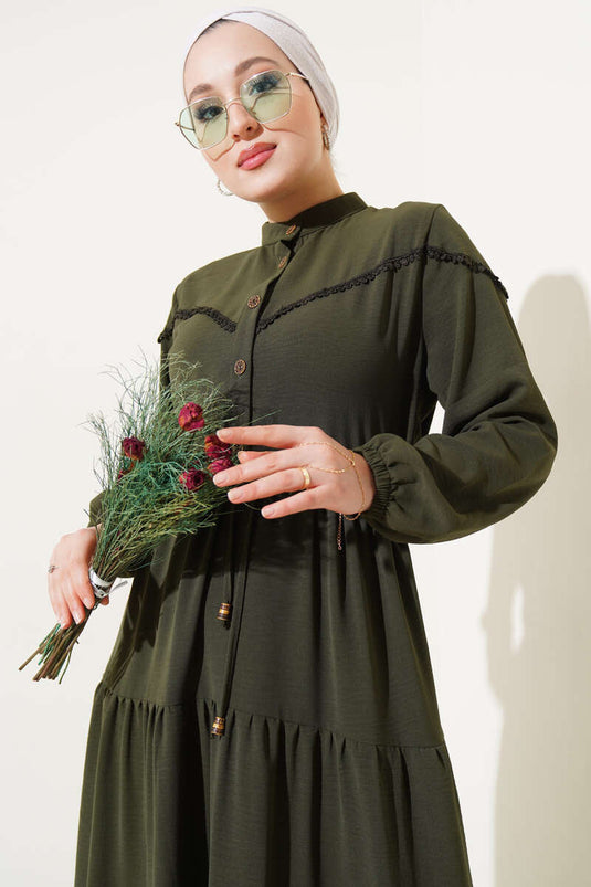 Half Buttoned Layered Dress Dark Khaki