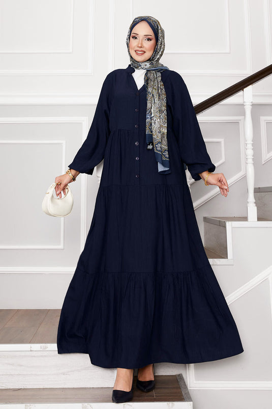 Gelaagde jurk met halve knoopsluiting, marineblauw