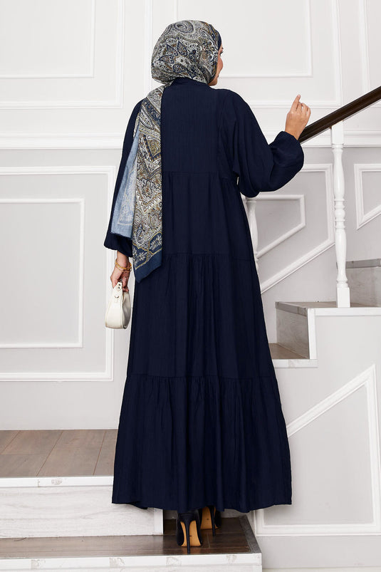 Gelaagde jurk met halve knoopsluiting, marineblauw