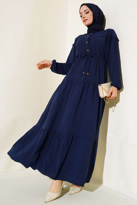 Gelaagde jurk met halve knoopsluiting, marineblauw