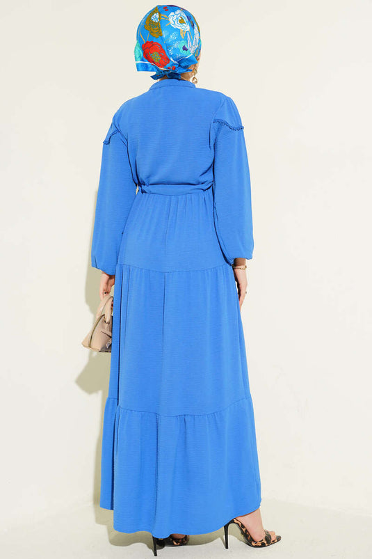 Önü Yarım Düğmeli Kat Kat Elbise Mavi