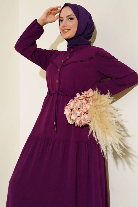 Önü Yarım Düğmeli Kat Kat Elbise Mor