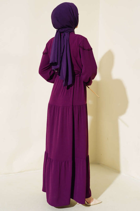 Önü Yarım Düğmeli Kat Kat Elbise Mor