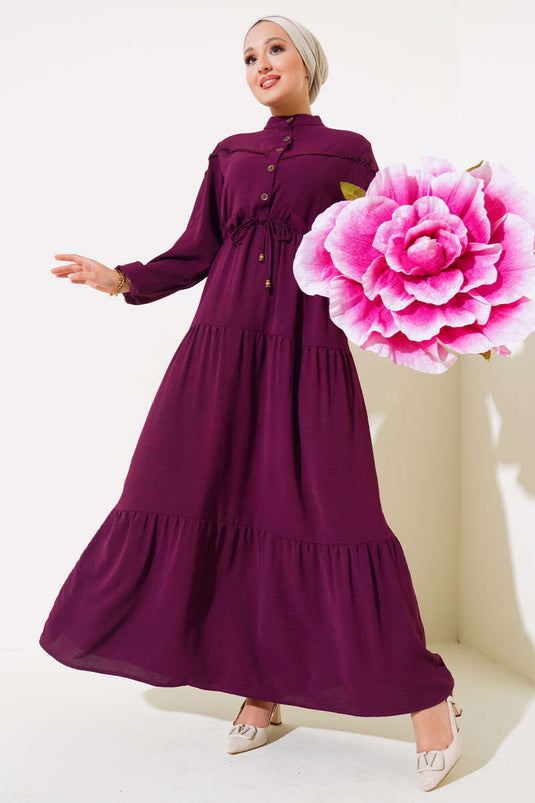 Half Button Front Layered Dress Plum