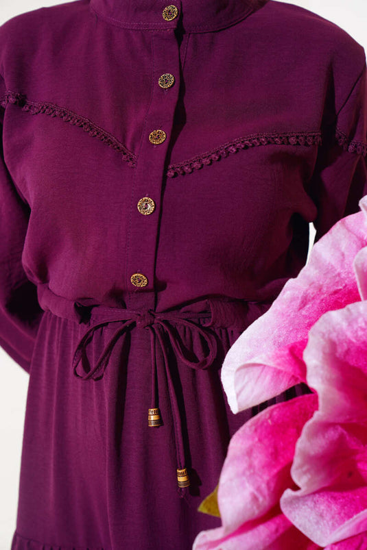 Half Button Front Layered Dress Plum