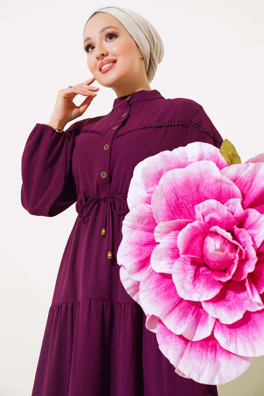 Half Button Front Layered Dress Plum