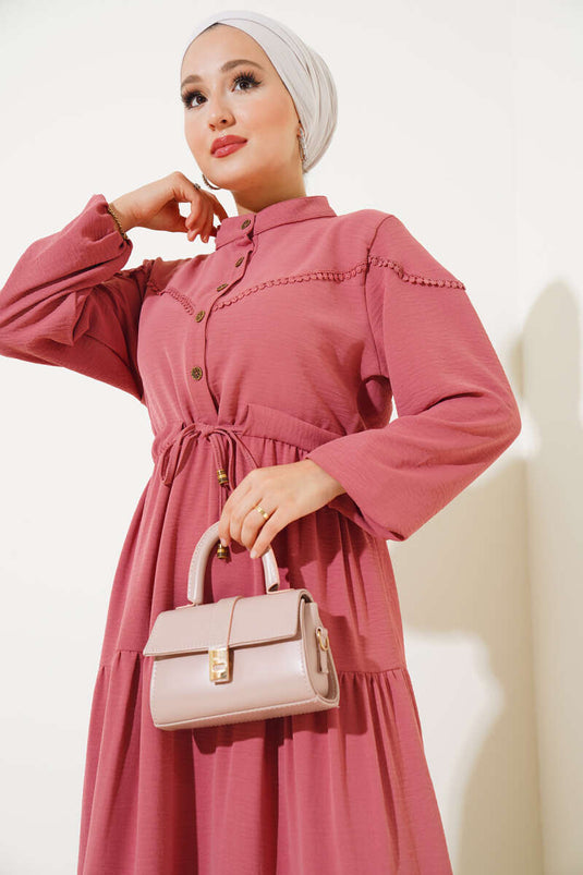 Half Buttoned Layered Dress Pers Rose