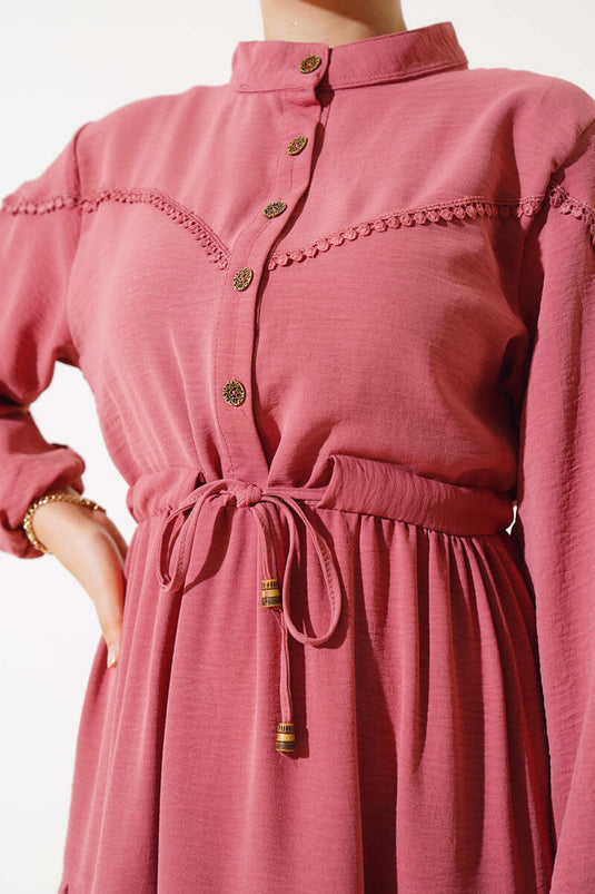 Half Buttoned Layered Dress Pers Rose