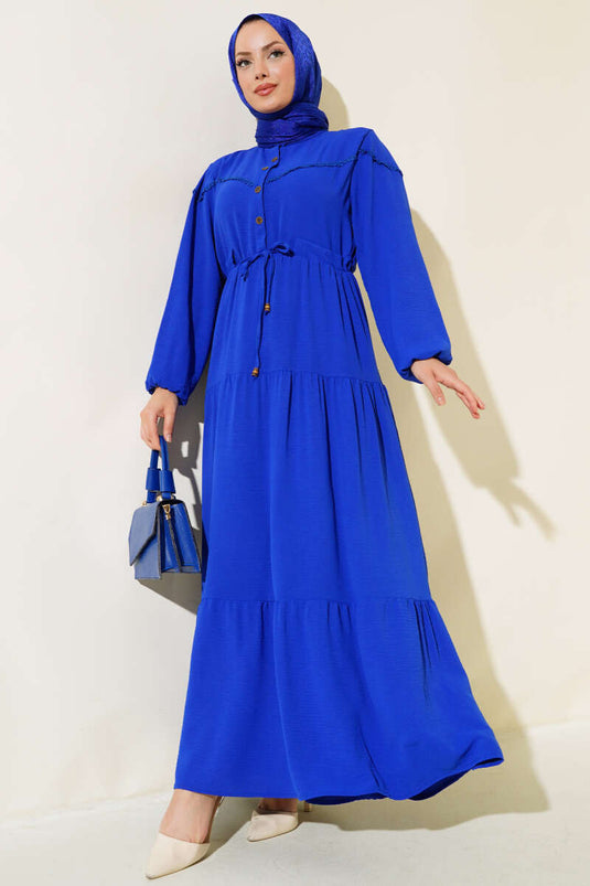 Half Buttoned Layered Dress in Royal Blue
