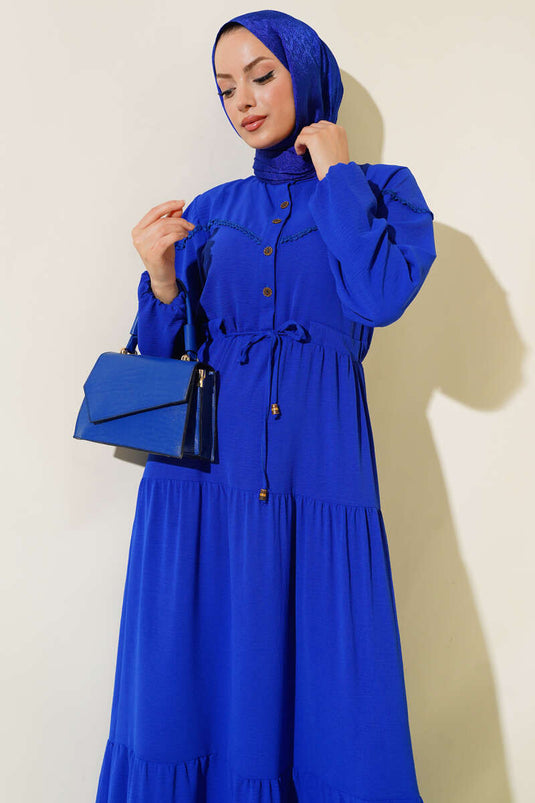 Half Buttoned Layered Dress in Royal Blue