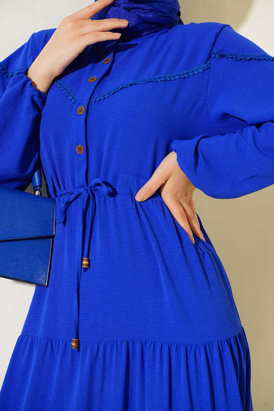 Half Buttoned Layered Dress in Royal Blue