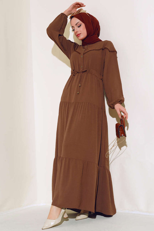 Önü Yarım Düğmeli Kat Kat Elbise Taba