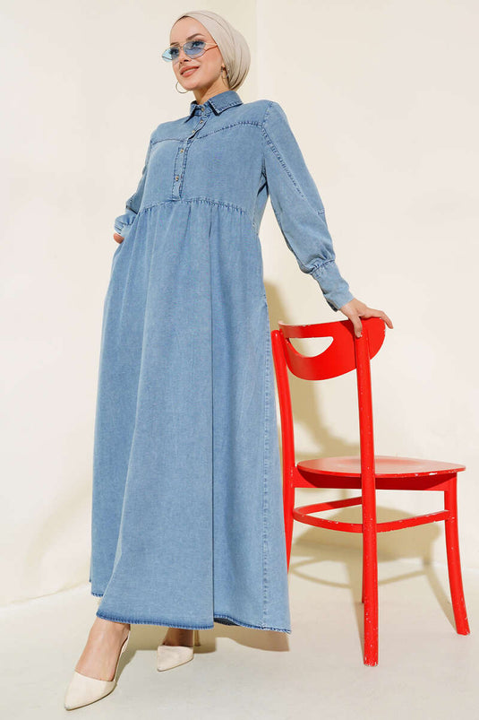 Önü Yarım Düğmeli Kot Elbise Kot Mavisi