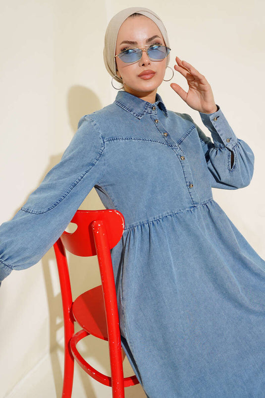 Önü Yarım Düğmeli Kot Elbise Kot Mavisi