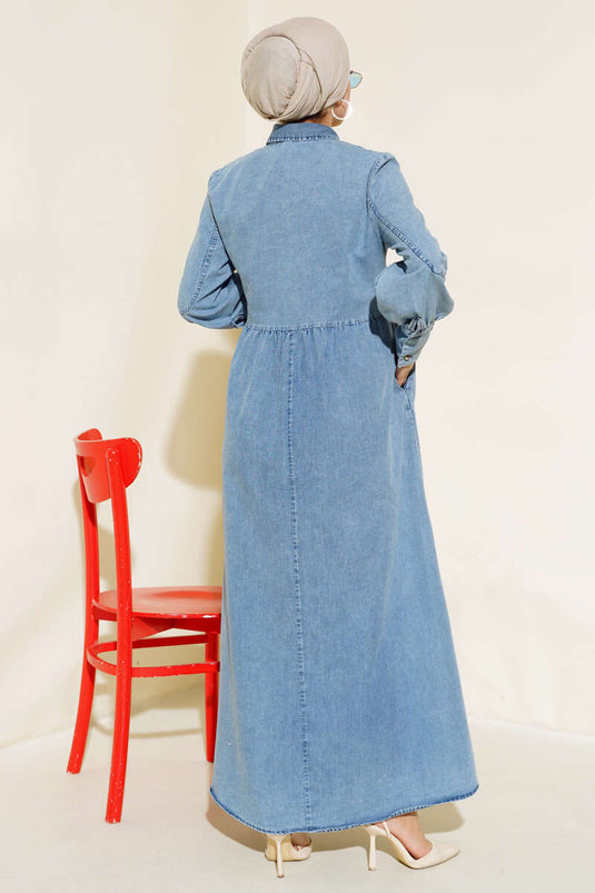 Önü Yarım Düğmeli Kot Elbise Kot Mavisi