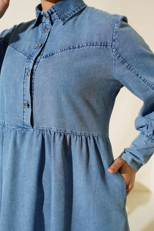 Önü Yarım Düğmeli Kot Elbise Kot Mavisi