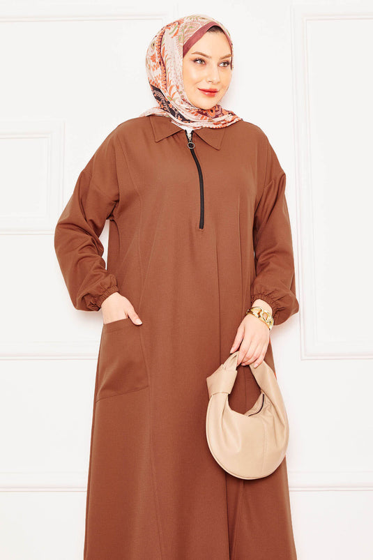 Front Half Zipper Detailed Comfortable Fit Hijab Suit Tan