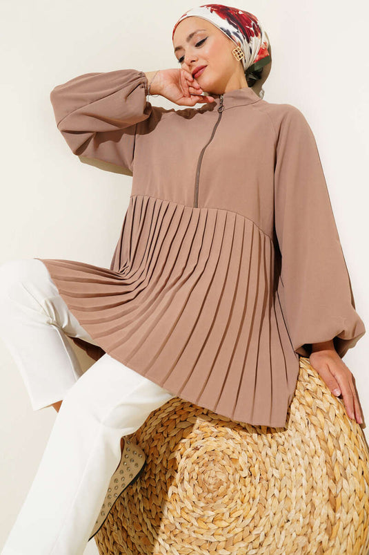 Tunique plissée Latte avec demi-fermeture éclair sur le devant
