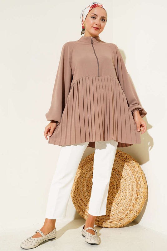 Tunique plissée Latte avec demi-fermeture éclair sur le devant