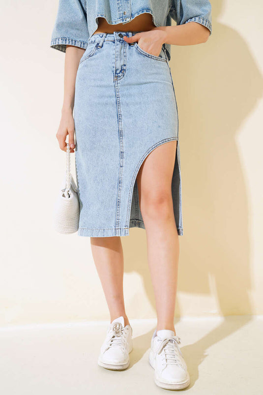 Front Slit Short Denim Skirt Light Snow