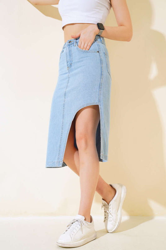 Front Slit Short Denim Skirt Light Blue