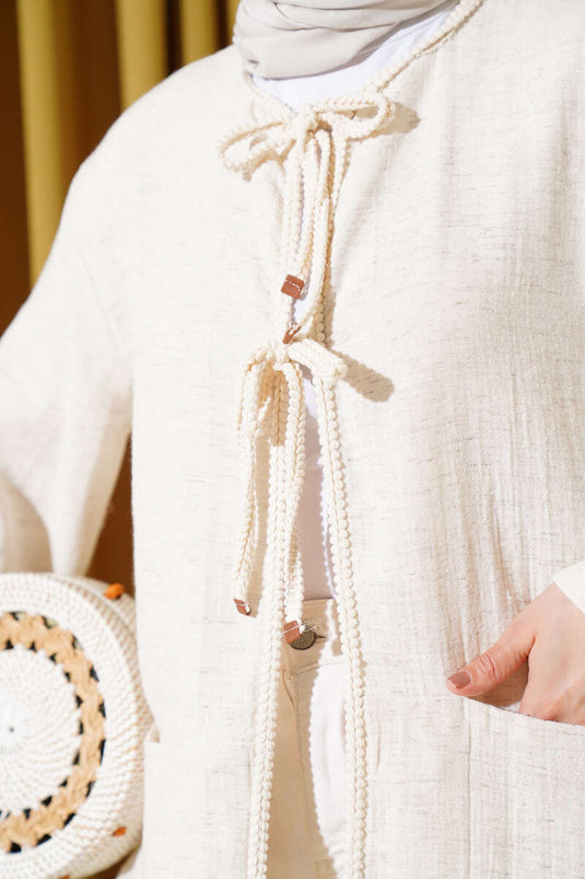 كيمونو كتان محبوك مربوط بخيوط باللون البيج