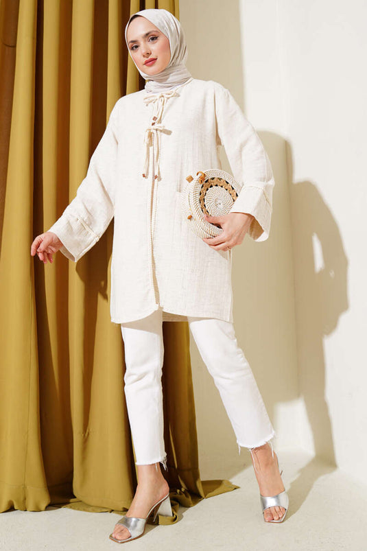 Örgü Biyeli Bağlamalı Keten Kimono Bej