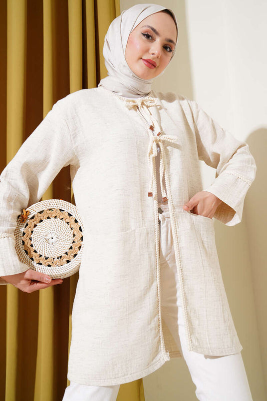 كيمونو كتان محبوك مربوط بخيوط باللون البيج