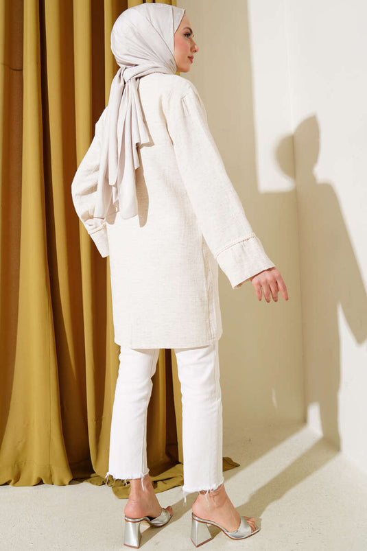 Örgü Biyeli Bağlamalı Keten Kimono Bej