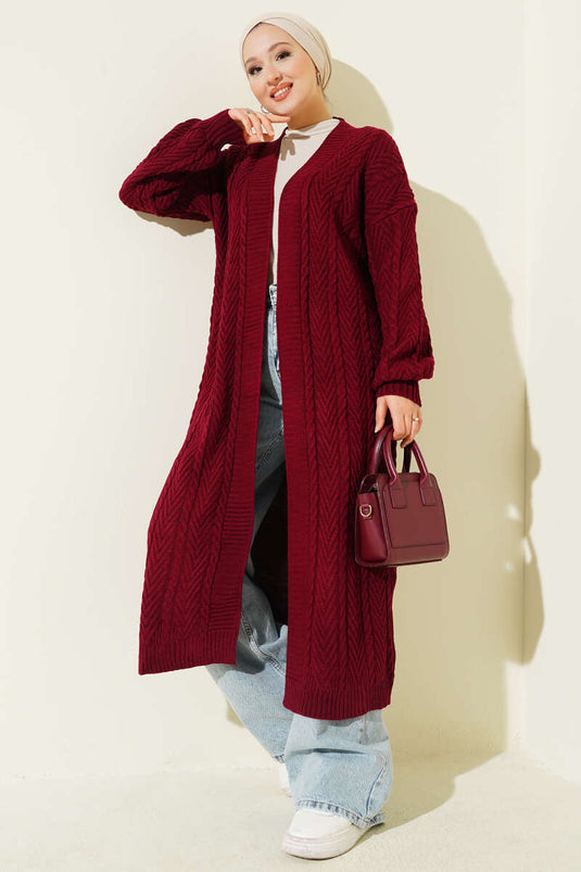 Knitted Shirred Long Knitwear Cardigan Burgundy