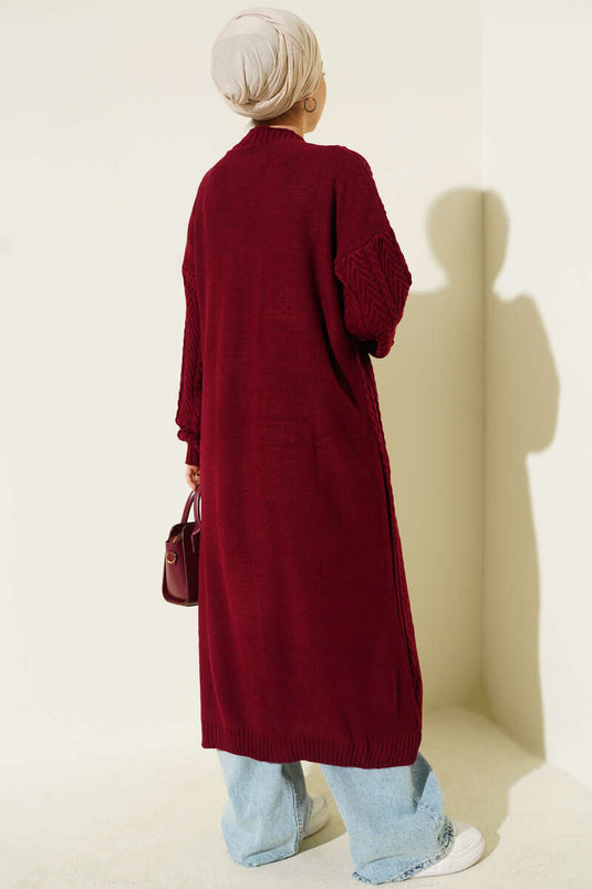 Knitted Shirred Long Knitwear Cardigan Burgundy