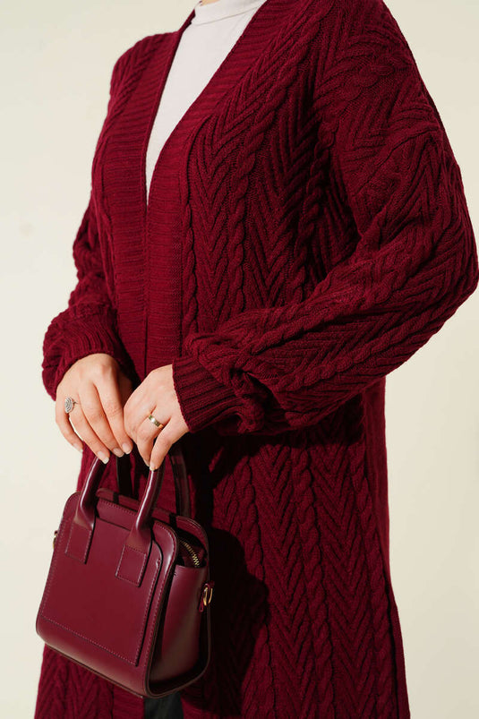Knitted Shirred Long Knitwear Cardigan Burgundy