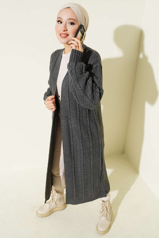 Knitted Shirred Long Knitwear Cardigan Smoke