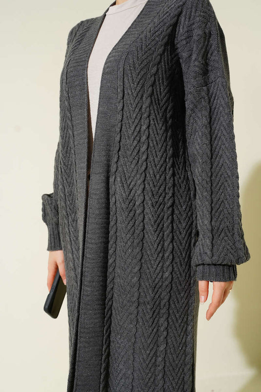 Knitted Shirred Long Knitwear Cardigan Smoke