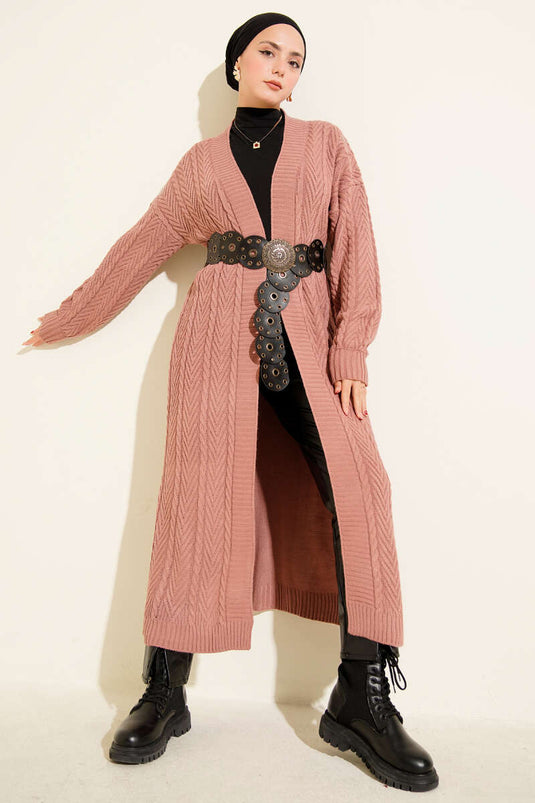 كارديجان محبوك طويل مكشكشة، لون وردي باهت