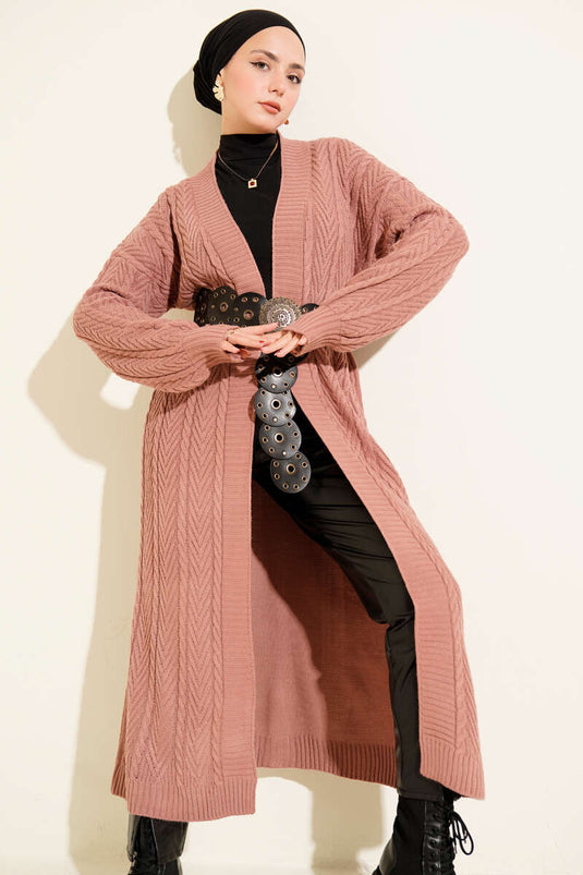Gebreide geplooide lange gebreide cardigan Dusty Rose