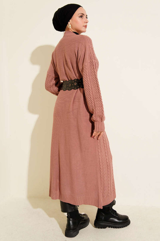 Gebreide geplooide lange gebreide cardigan Dusty Rose