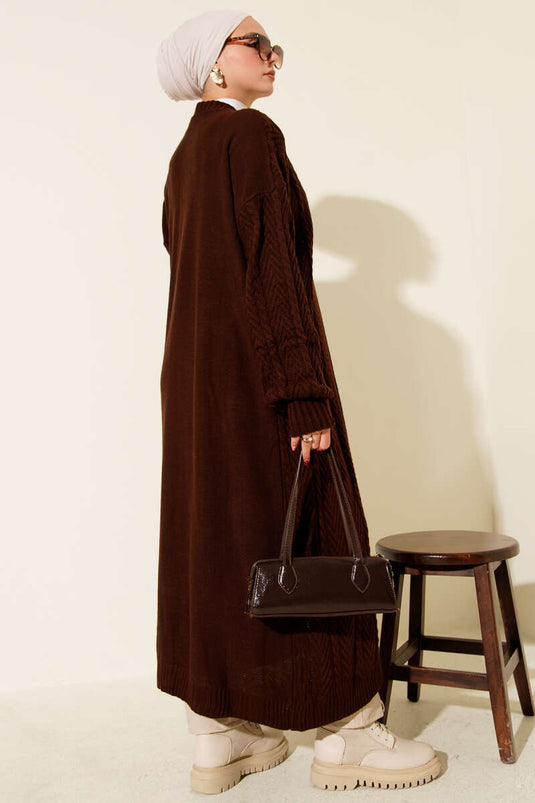 Gebreid gesmokt lang gebreid vest bruin