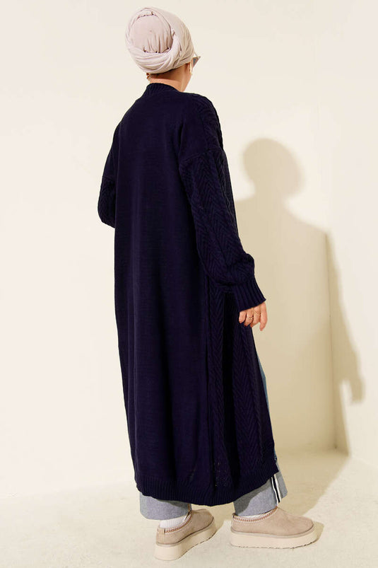 Gebreid geplooid lang gebreid vest marineblauw