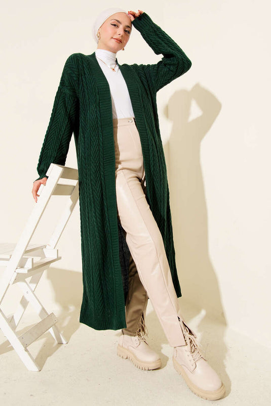كارديجان طويل محبوك بغرزة مكشكشة، أخضر زمردي