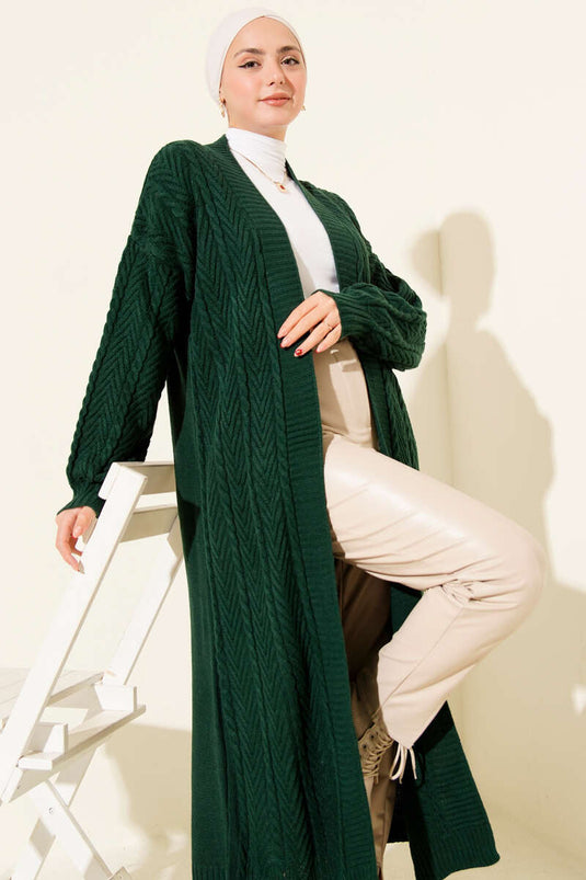 كارديجان طويل محبوك بغرزة مكشكشة، أخضر زمردي