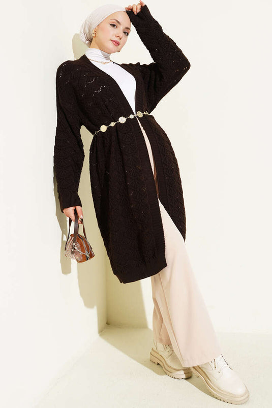 Knit Pattern Detailed Wool Cardigan Dark Brown