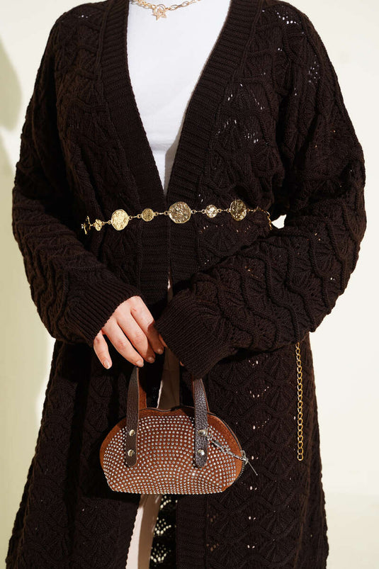 Knit Pattern Detailed Wool Cardigan Dark Brown